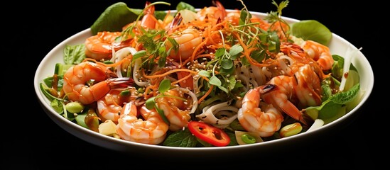 Asian style seafood salad with shrimp mussels and soy bean sprouts on white background