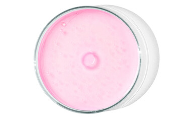 Petri dish isolated on empty background. Pink liquid in a Petri dish.