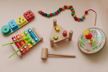Eco-friendly colored wooden educational toys according to the Montessori method for preschool...
