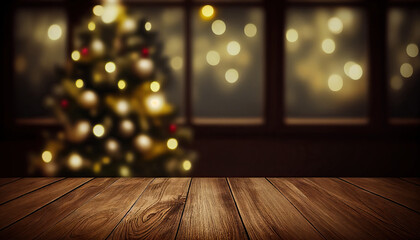 Empty wooden table with christmas theme in background