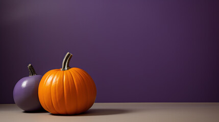 Purple background with pumpkins. Halloween decor with copyspace.