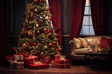 A well-lit Christmas tree as the centerpiece of the living room, showcasing its ornaments, lights, and a perfectly wrapped presents beneath it. Generative Ai