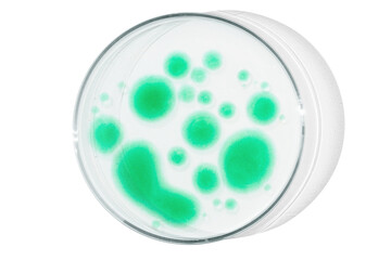 Petri dish isolated on empty background. Green drops, streaks, bacteria and molecules in a Petri dish.