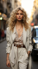 Fototapeta premium Fashion Week Top Model woman on the street. AI Generative