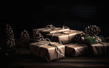 Wrapped Christmas gifts on dark rustic wooden table with pine cones and fir branches. AI, Generative AI