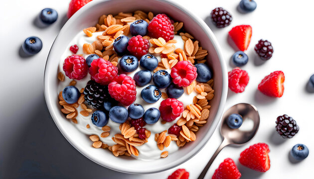 Delicious dish of muesli with yogurt and berries on a white background