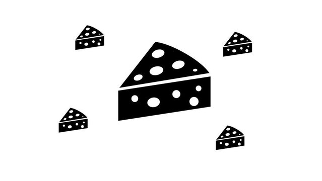 Zoom in and out animation the cheese symbol. Large black symbol in the center and four small symbols around. Seamless looped 4k animation on white background