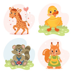 Set of cute cartoon little animal characters, giraffe, squirrel, chicken, duckling, raccoon. Illustrations in flat style. Children's print, postcard. Vector