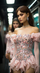 Naklejka premium Fashion Week Top Models women on the podium, catwalk. Futuristic sensitive Style. AI Generative