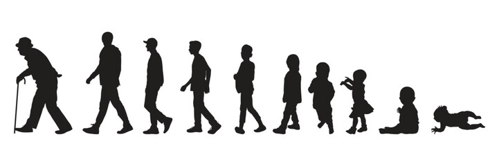 Life cycles of man from a little baby to old man silhouette vector illustration. Man in different age.
