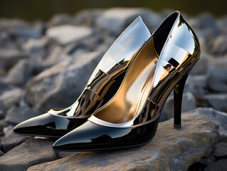 A pair of elegant black and chrome patent stiletto heels with gold insole, sitting on rocks by the beach - obrazy, fototapety, plakaty