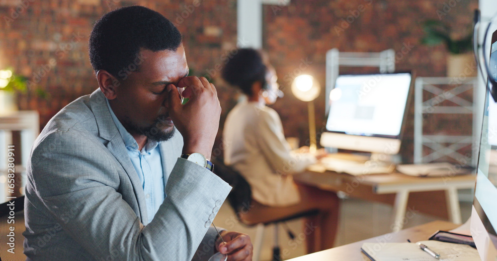 Wall mural stress, headache and black man with burnout, fatigue and exhausted in night, overtime or frustrated 