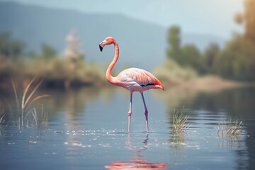 Naklejka premium Pink flamingo in the water on a background of blue sky.