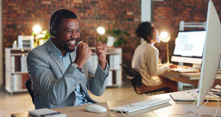 African man, call center and celebration by computer, smile and excited for promotion, goals or...