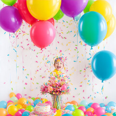 Beautiful happy birthday Background With Balloons, cake with candles by Ai generated
