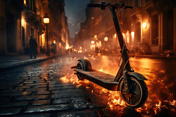 Battery explosion on an electric scooter. The danger of lithium-ion batteries. Street background