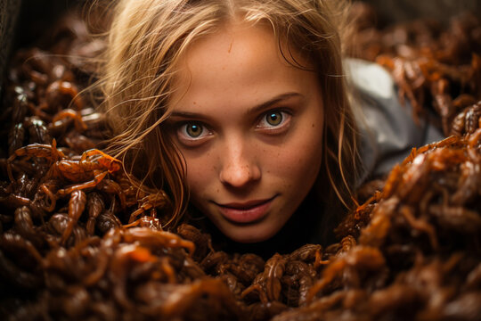 Thrilling blonde woman immersed in pile of repulsive, slimy insects evoking fear and entomophobia.