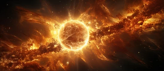 Poster Artistic illustration of the sun in space showing bursting flares and magnetic storms © AkuAku