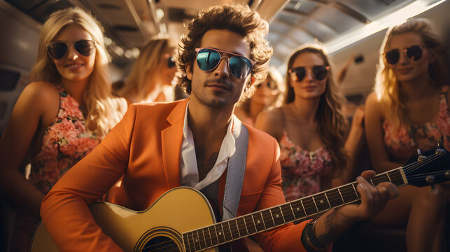 Rock star lifestyle. Handsome guitarist and his glamorous entourage of woman groupies on a private jet
