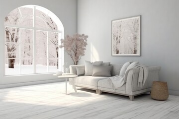 Stylish room in white color with sofa and winter landscape in window. Scandinavian interior design. 3D illustration. generative ai.