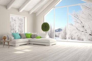 Stylish room in white color with sofa and winter landscape in window. Scandinavian interior design. 3D illustration. generative ai.
