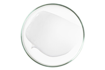 Petri dish isolated on empty background. A smear of cosmetic cream in a Petri dish.