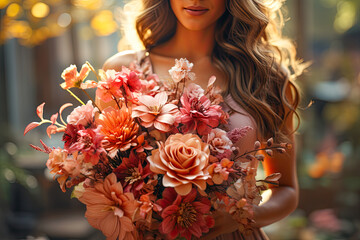 A young woman is holding a festive bouquet in her hands.
