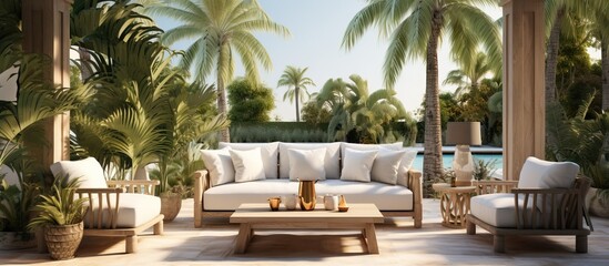 a sunny day on an exotic veranda patio with outdoor furniture shade gazebo and palm trees in the backyard garden