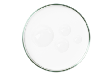 Petri dish isolated on empty background. A smear of a transparent gel, serum in a Petri dish.