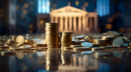 Golden Coins Stacked in Foreground with Majestic Building and Night Sky: Symbolizing Wealth and Economic Growth