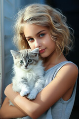 Charming blonde woman and her white cat in a luminous, tender scene.