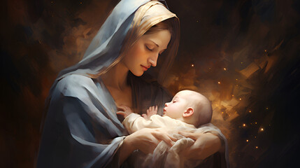 Mother Mary Holding Baby Jesus, Divine Light Illuminating Peaceful Scene, Iconic Religious Artwork Depicting Holy Motherhood and Innocence - obrazy, fototapety, plakaty