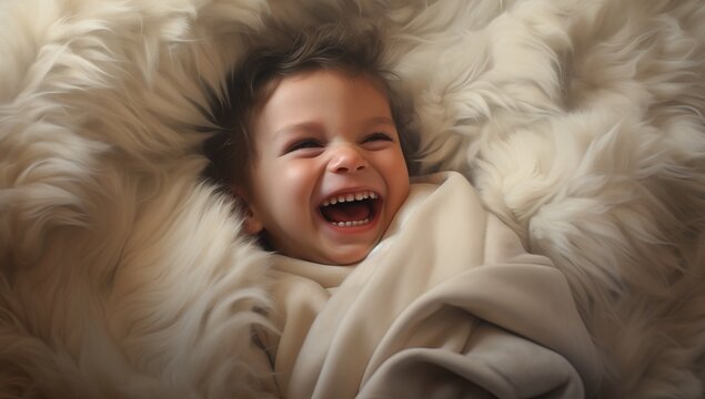 A radiant Caucasian toddler beams with joy, wrapped snugly in a white blanket while lying on a bed. This image emanates warmth and comfort, perfect for children's product promotions, bedding ads