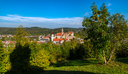 Sigmaringen panorama from a hill above old town with historic monuments and landmarks. Picturesque city on river Danube in southern Germany with famous historic castle. Tourist attractions and sights.