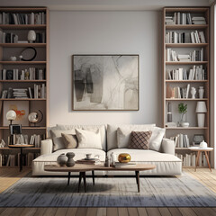 modern living room with fireplace, bookshelf
