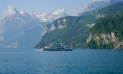 lake, boat, boat on the lake, swiss nature, mountaion view