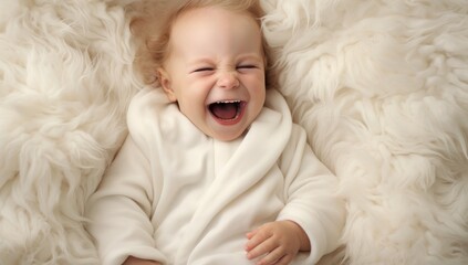 Joyful toddler laughing on a white bed, perfect for family and happiness concepts.