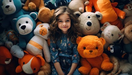 In a cozy room filled with an array of stuffed animals, a young girl stands proudly. Her vibrant blue dress contrasts with the soft pastel colors around her, making her the centerpiece