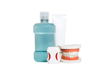 Mouthwash and other oral hygiene products on colored table top view with copy space. Flat lay. Dental hygiene. Oral care kit. Dentist concept
