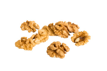pile Walnut kernel isolated on white background, top view. Flat lay Healthy food concept