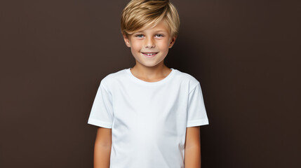 European child 4-5 years old close-up in a white T-shirt without a pattern against the background of a colored wall, mockup for the presentation of a children's product