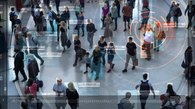 Anonymous People in Busy Train Station or Airport. Big Data Analysis. Computer Interface Showing Data of the Crowd. Surveillance Footage, Face Recognition, Suspect Found.