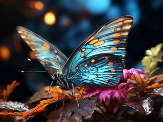 A butterfly with colorful colors sitting on a leaf in the forest