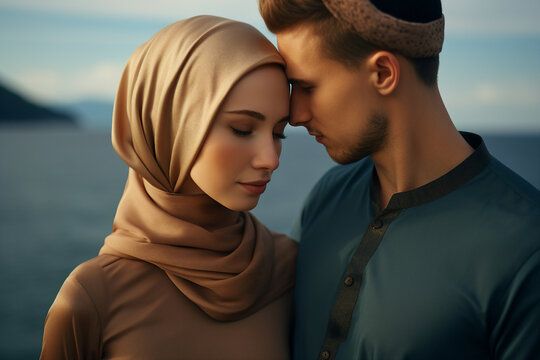 Picture of young wealthy middle eastern couple hugging love story Generative AI