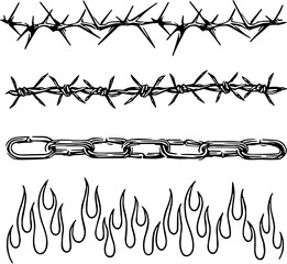 thorn, wire, chain, fire illustration black and white