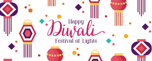 Diwali greeting banner. Holiday background for celebrating Indian festival of lights. Vector illustration in flat cartoon style.