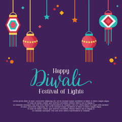 Diwali greeting card. Holiday background for celebrating Indian festival of lights. Vector illustration in flat cartoon style.