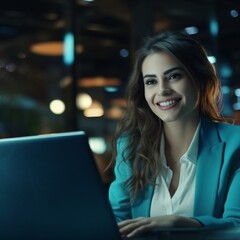 Fototapeta premium Empowered Women in the Modern Workplace: Two Cheerful Professionals, Radiantly Smiling as They Collaborate on Their Laptops, Exemplifying Teamwork, Success, and a Positive Office Environment