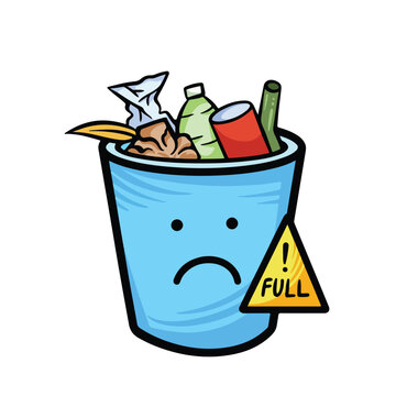 recommend clip art: Blue sad full trash bin with crumpled paper, dry leaf, plastic and glass bottle, red can garbage trash outlined vector illustration isolated on square white background. Simple flat cartoon art style.
