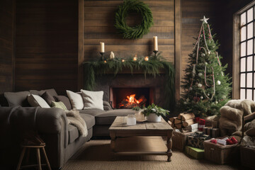 Fototapeta na wymiar A living room with a rustic theme, featuring wooden accents, burlap stockings, and natural greenery as decorations. Ecologic concept. Generative Ai